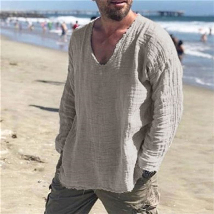 Herren lässiges V-Neck Leinenhemd Echoarchiv