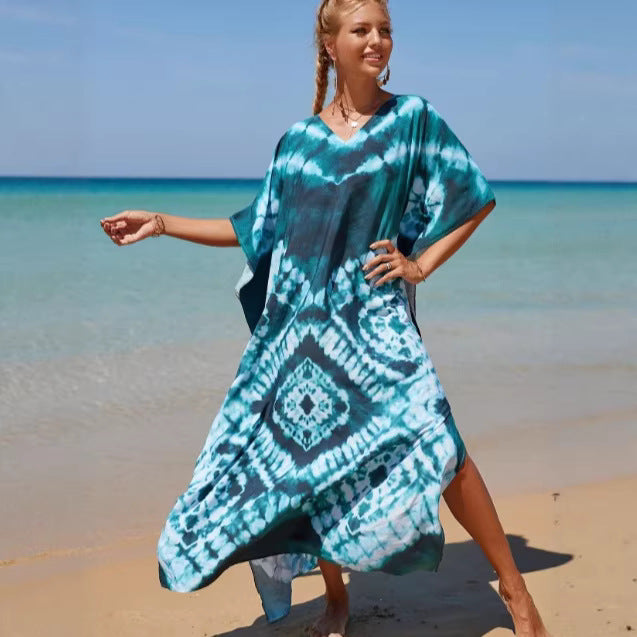 Damen Strandkleid mit buntem Batikdesign und weit geschnittenen Ärmeln Echo Archiv