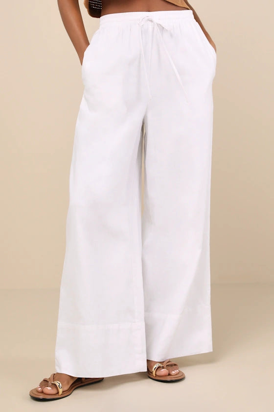 Damen Weite Leinenhose mit elastischem Bund und seitlichen Taschen Echoarchiv