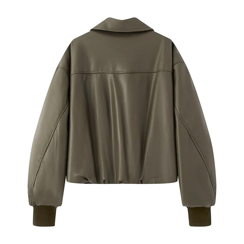 Damen nan gepolsterte Cropped Kunstleder-Bomberjacke mit Hemdkragen elastischem Saum und Rippbündchen Echo Archiv