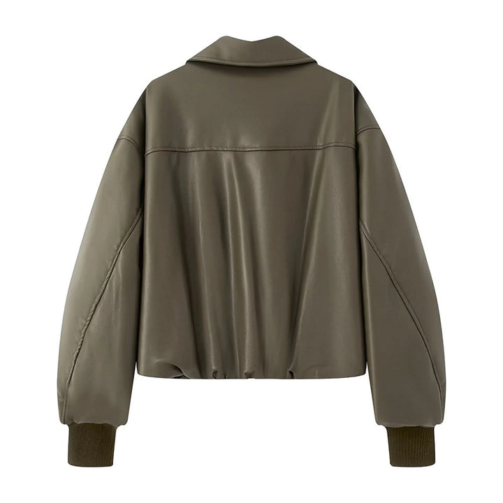 Damen nan gepolsterte Cropped Kunstleder-Bomberjacke mit Hemdkragen elastischem Saum und Rippbündchen Echo Archiv