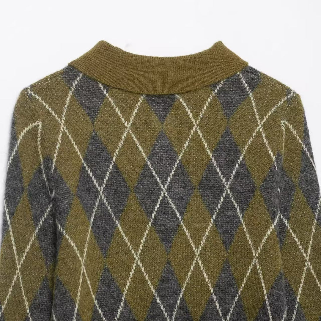 Damen nan Argyle-Polo-Strickpullover mit Cropped-Schnitt, Rippbündchen und Knopfleiste Echo Archiv