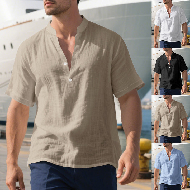 Herren lässiges Kurzarm-Hemd mit stylischem Henley-Ausschnitt und dekorativen Knöpfen Echoarchiv
