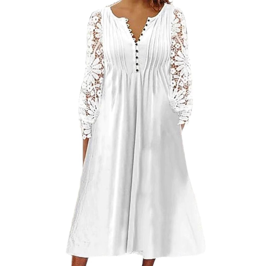 Damen nan wadenlanges A-Linien-Sommerkleid mit gehäkelten Langärmeln, Biesenoberteil und Zierknopfleiste Echo Archiv