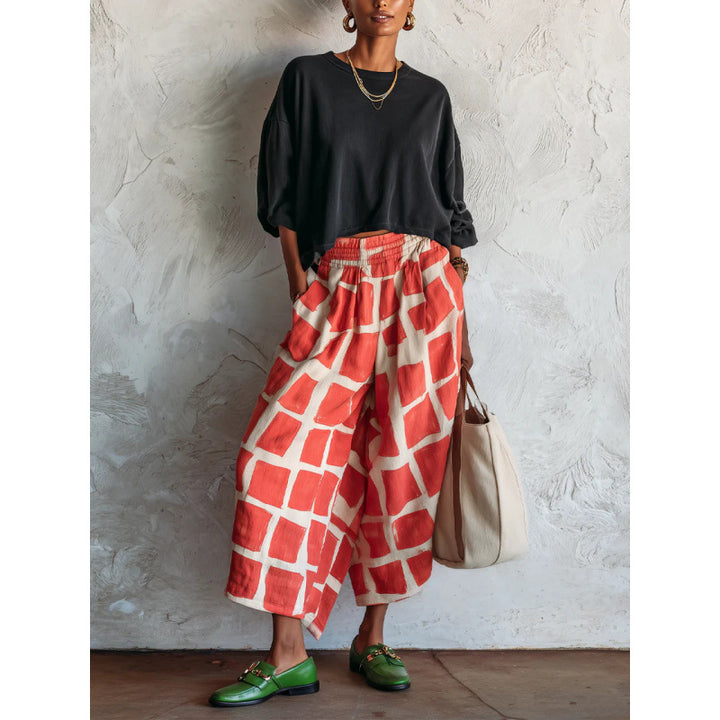 Damen Gemusterte Culotte-Palazzohose mit weitem Bein, elastischem Bund und Eingrifftaschen Echoarchiv