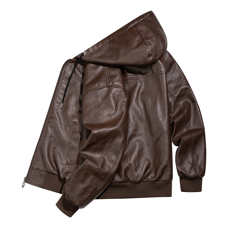 Herren Lässige Lederjacke mit Kapuze Echo Archiv