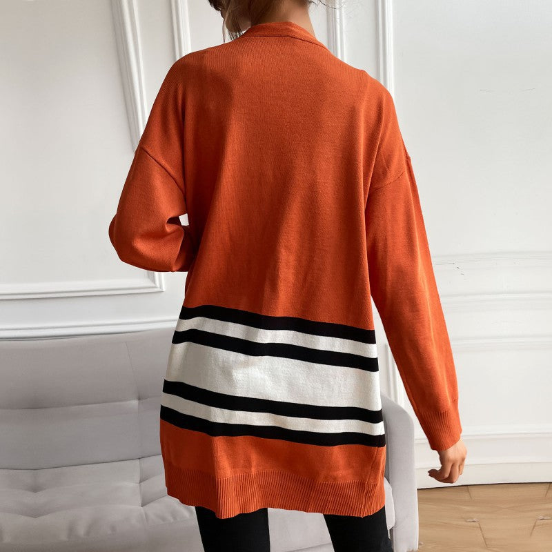 Damen Longline-Cardigan mit Kontraststreifen, aufgesetzten Taschen & Rippbündchen Echoarchiv