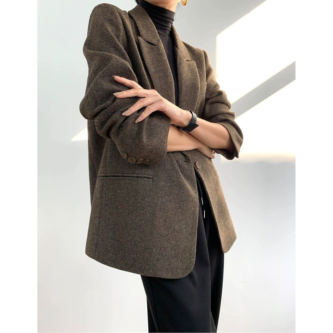 Damen Klassischer Woll-Tweed-Blazer mit schmalem Revers, Teilgefüttert und Ein-Knopf Echo Archiv