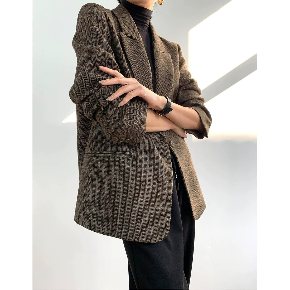 Damen Klassischer Woll-Tweed-Blazer mit schmalem Revers, Teilgefüttert und Ein-Knopf Echo Archiv