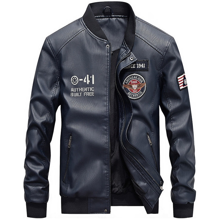 Herren nan leichte Kunstleder-Bomberjacke im Pilotenstil mit gestickten Patches und verdeckter Reißverschlussleiste Echo Archiv
