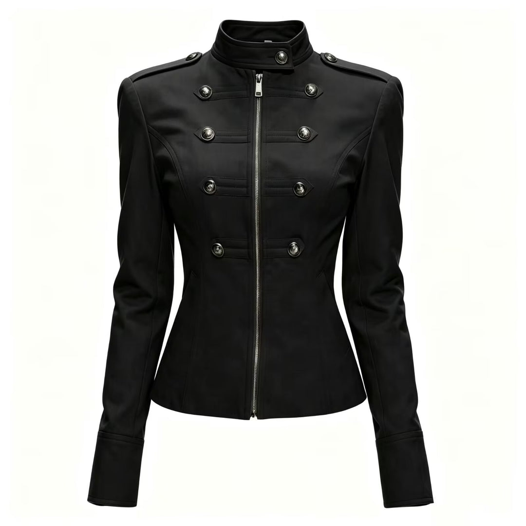 Damen Taillierte Military‑Inspired Jacke mit Stehkragen, Zierknopfreihe und Reißverschluss Echo Archiv
