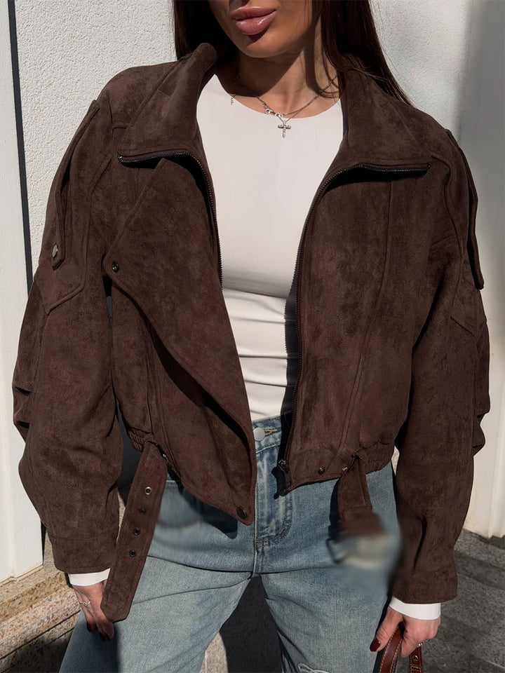 Damen Kurz geschnittene Wildleder-Bomberjacke mit Gürtel & Oversize-Ärmeln Echoarchiv
