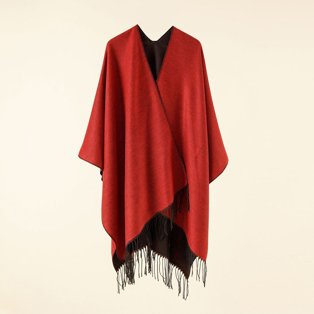 Damen Großer Ruana‑Poncho aus feinem Wollmix mit Fransen und offenem Fall – Montévia