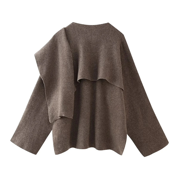 Damen asymmetrischer Lagenponcho mit Knopfdetail und weitem Ärmel – Célinea