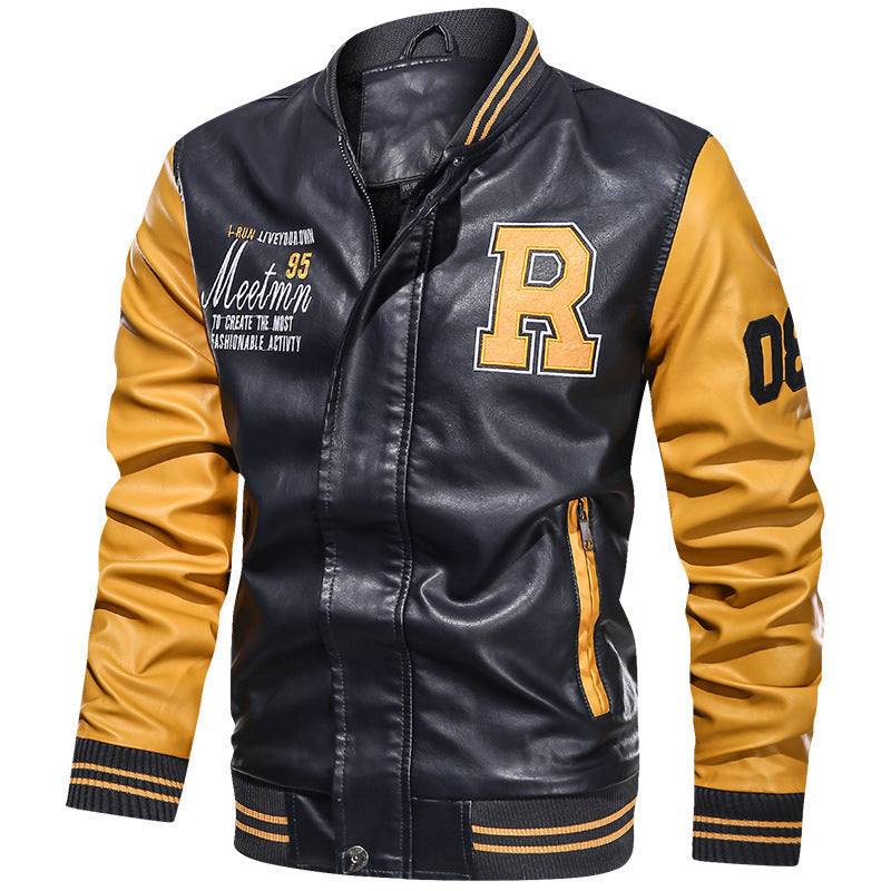 Herren Kunstleder-College-Bomberjacke mit kontrastierenden Ärmeln, Buchstabenpatch und Reißverschlusstaschen – Brevano