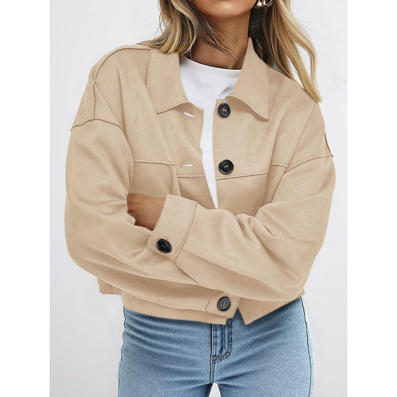 Damen kurze Wildleder-Optik Jacke mit aufgesetzten Taschen und Hemdkragen Echo Archiv
