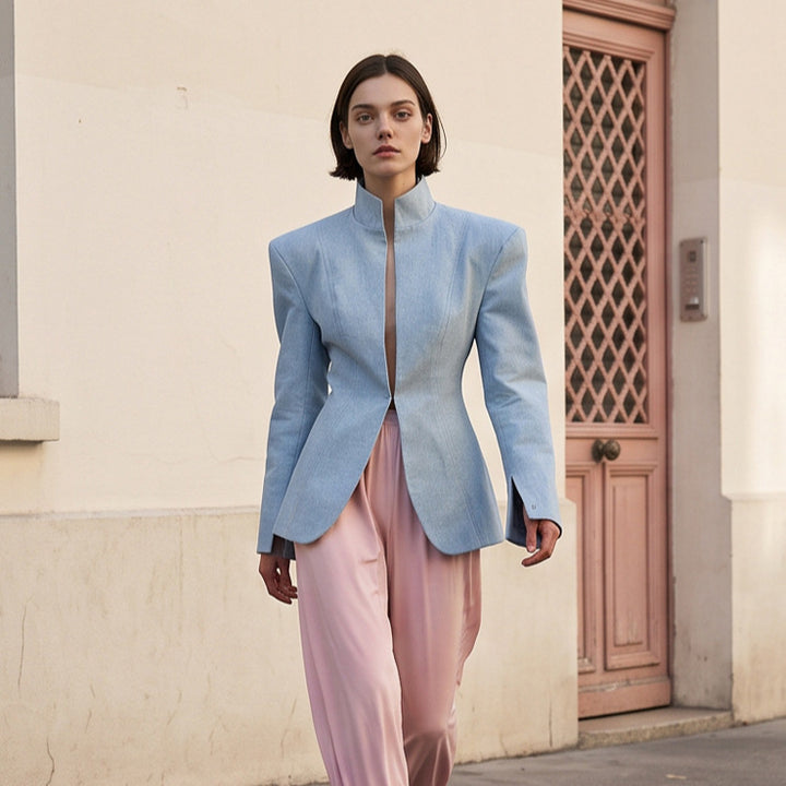 Damen taillierter Stehkragen-Blazer mit verdecktem Hakenverschluss und geschwungenem Saum Echoarchiv