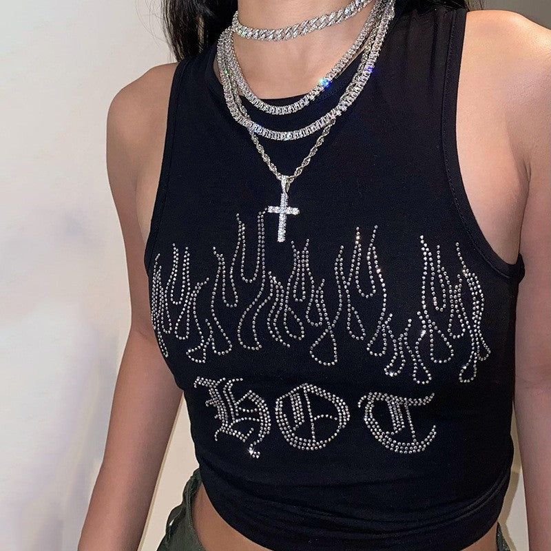 Damen Crop-Top mit auffälligem Flammenmotiv und glänzenden Akzenten Echo Archiv