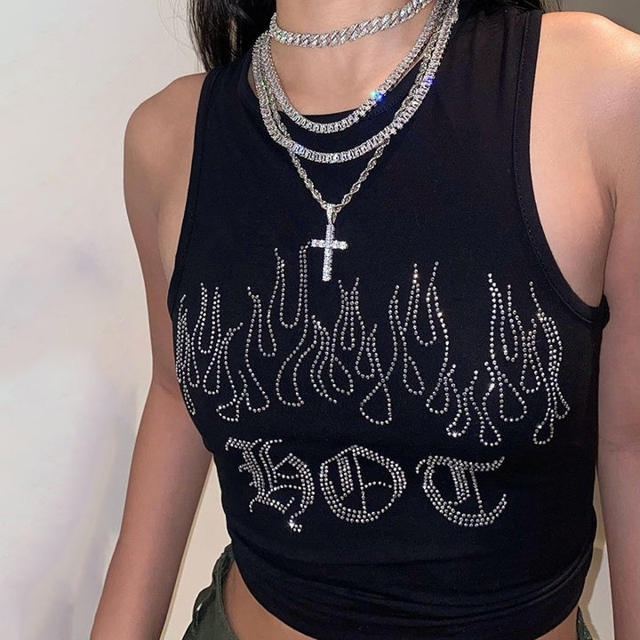 Damen Crop-Top mit auffälligem Flammenmotiv und glänzenden Akzenten Echo Archiv