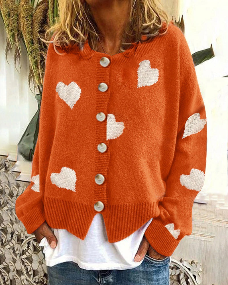 Damen Geknöpfter Oversize-Strickcardigan mit Herz-Jacquard und Perlmuttknöpfen Echo Archiv