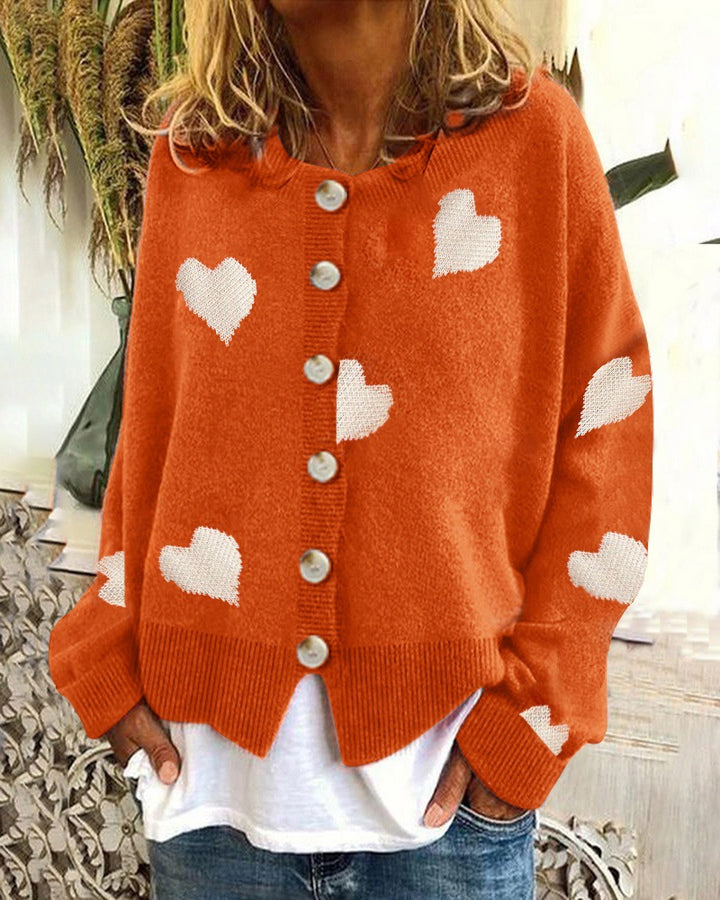Damen Geknöpfter Oversize-Strickcardigan mit Herz-Jacquard und Perlmuttknöpfen Echo Archiv