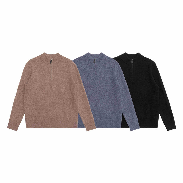 Unisex Feinstruktur-Halbzip-Pullover mit kurzem Reißverschluss und gerippten Bündchen Echoarchiv