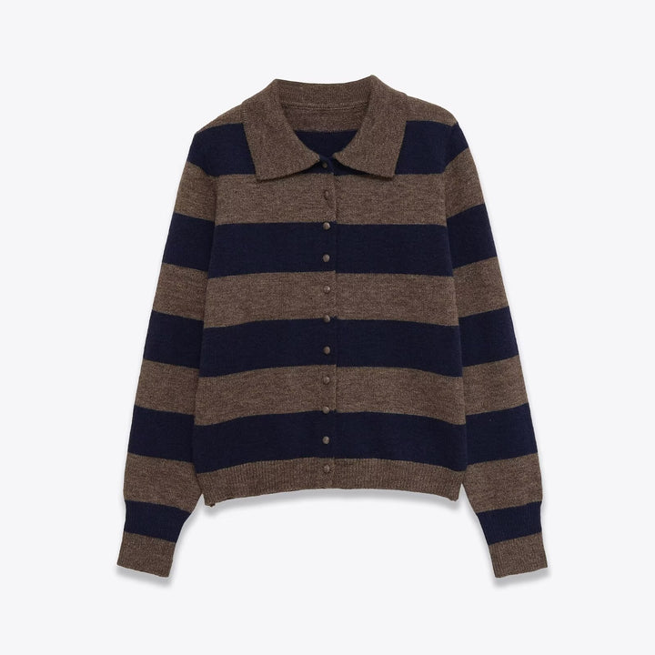 Damen Gestreifte Strickcardigan mit Hemdkragen und Knopfleiste Echo Archiv