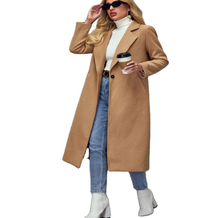 Damen Maxilanger Wollmix-Classiccoat mit minimalistischer Taillierung und verdeckter Knopfleiste Echoarchiv