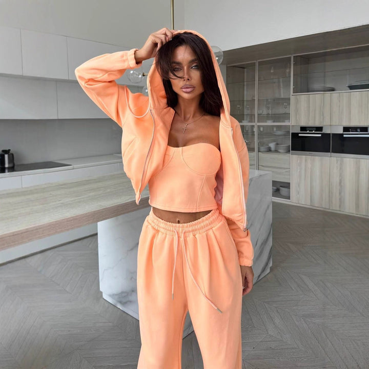 Damen Sculpting-Corsagen-Crop mit Kapuzen-Zipjacke und weiter High-Waist-Jogginghose – Avérine
