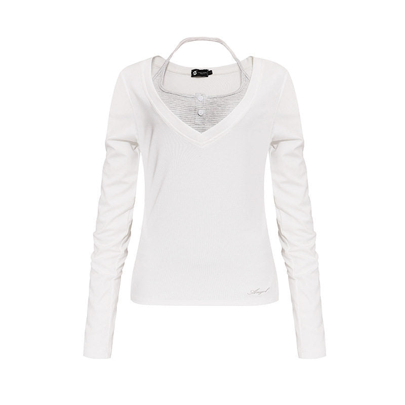 Damen Langarm-Shirt mit doppeltem Layer‑Effekt, tiefem V‑Ausschnitt und gestreiftem Einsatz Echoarchiv