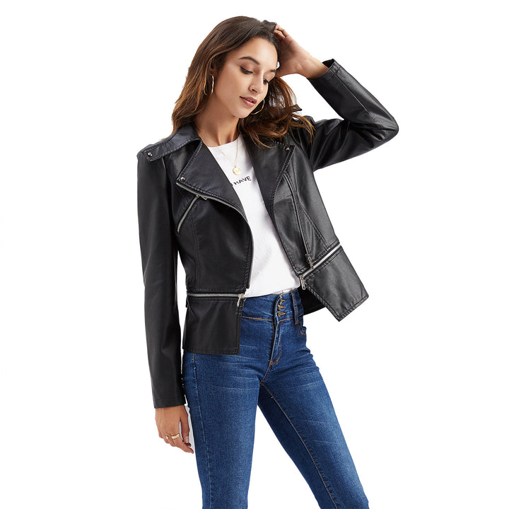 Damen nan taillierte Kunstleder-Bikerjacke mit asymmetrischem Reverskragen Echo Archiv