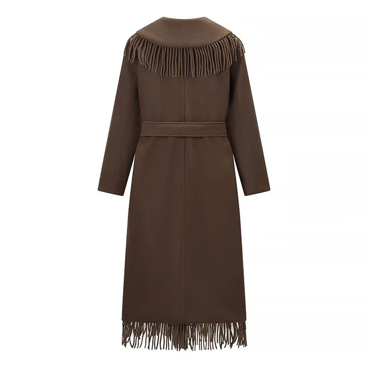 Damen langer Fransenmantel mit voluminösem Schalkragen, Taillengürtel und aufgesetzten Taschen – Montévia