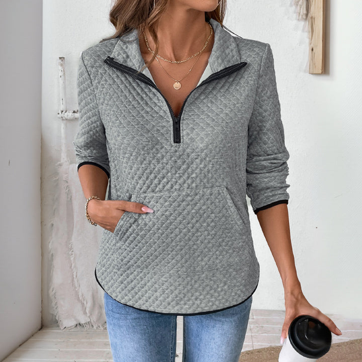 Damen Stepp-Sweatshirt mit halbem Reißverschluss, Stehkragen und Kängurutasche Echoarchiv