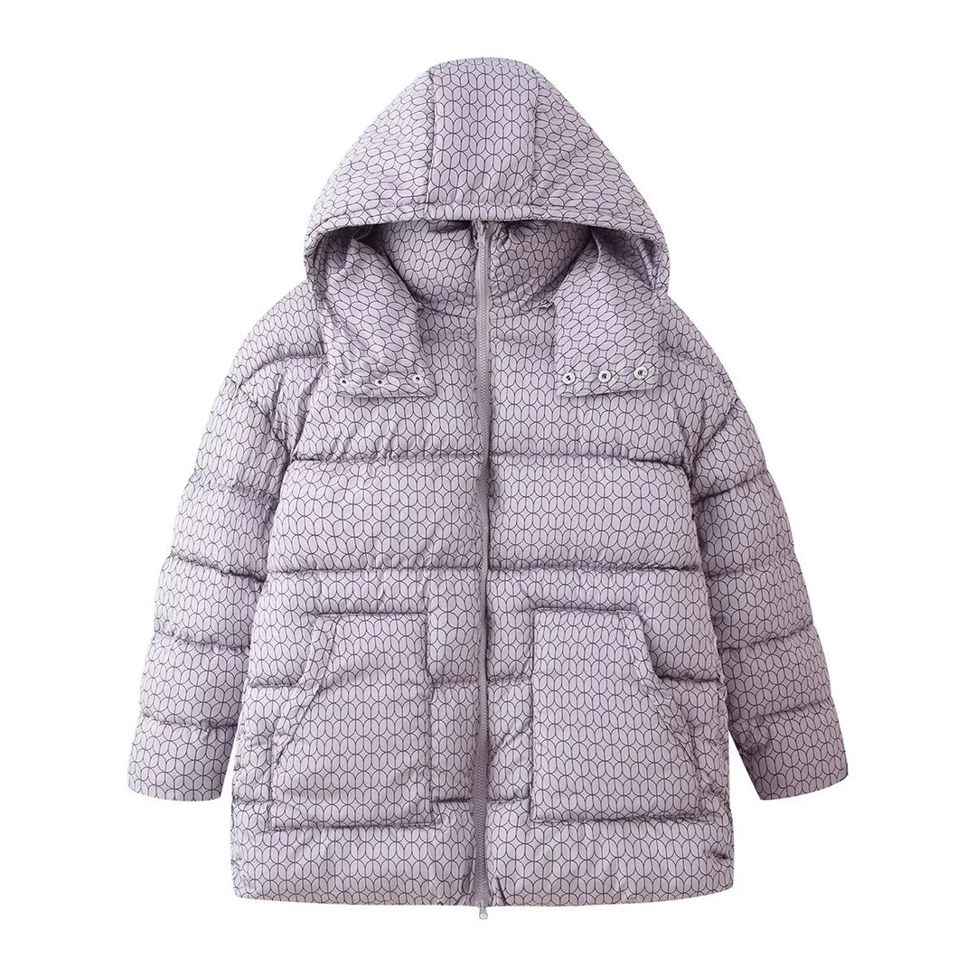 Damen gesteppte Kapuzenjacke mit grafischem Steppmuster, zweiwege Reißverschluss und oversized Taschen – Célinea