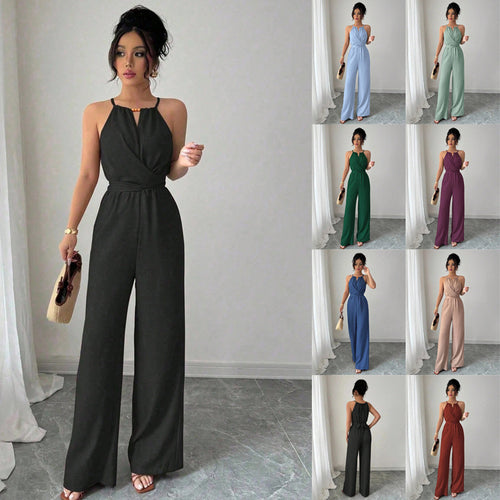Damen Ärmelloser Neckholder-Jumpsuit mit Wickeloberteil und weitem Bein Echo Archiv