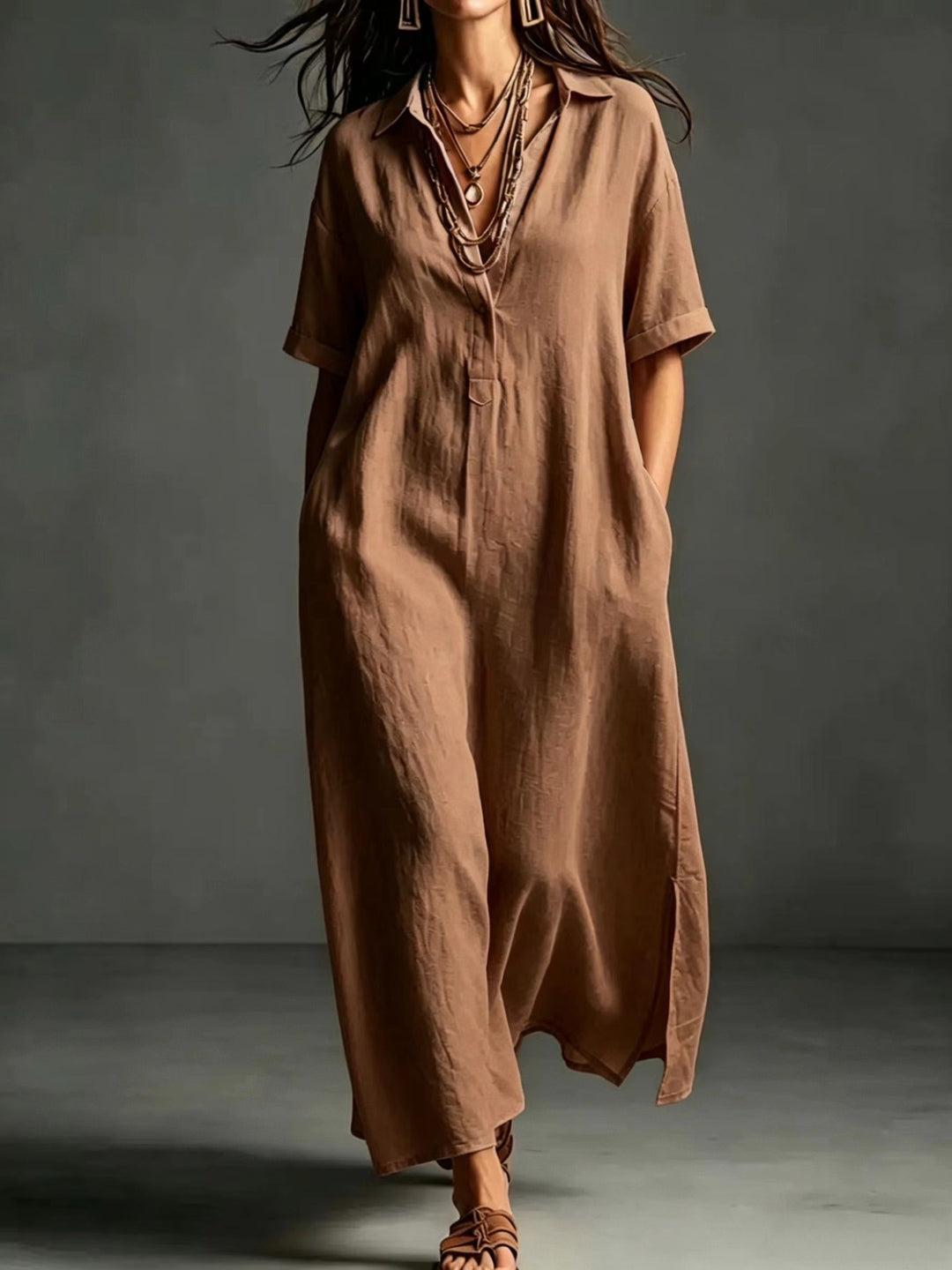 Damen Leinen Maxikleid mit V-Ausschnitt und praktischen Taschen Echo Archiv