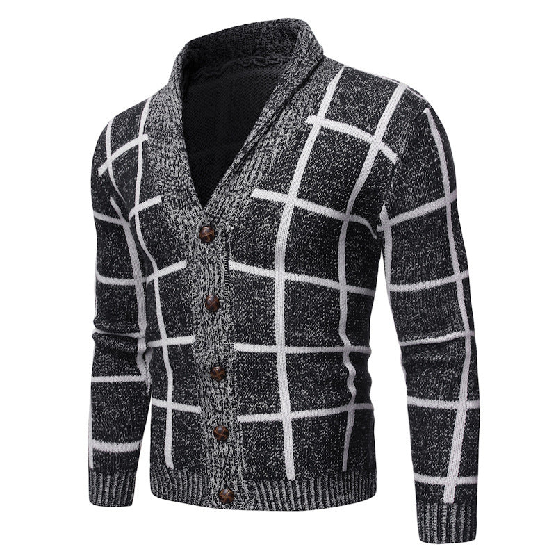 Herren modische Strickjacke mit V-Ausschnitt und modernem Karomuster Echoarchiv