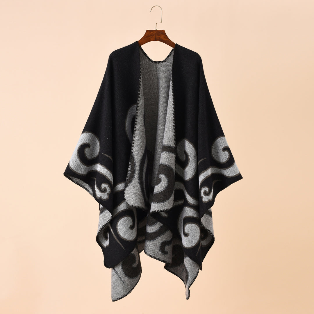 Damen Wollmix-Capeponcho im Ruana-Schnitt mit ornamentaler Intarsienstruktur – Montévia