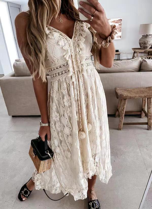 Damen Boho-Maxikleid mit Spitzenakzenten und dekorativen Quasten Echo Archiv