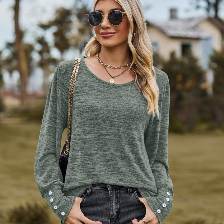 Damen Lässiges Langarmshirt mit Knopfmanschetten und weitem Rundhalsausschnitt Echo Archiv