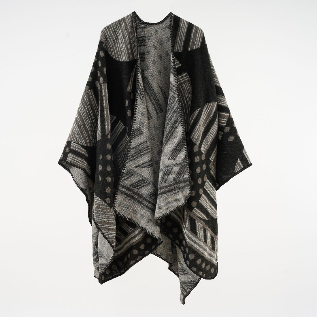 Damen Jacquard‑Ruana mit grafischem Muster und Kettelkante – Montévia