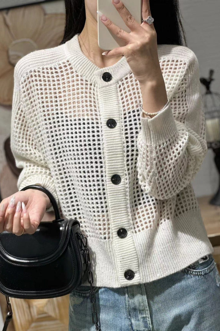 Damen Lockerer Mesh‑Cardigan mit Gitter‑Ajour, Rundhalsausschnitt und Knopfleiste Echoarchiv