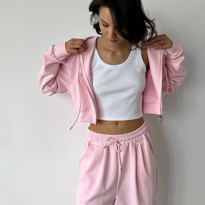 Damen kurzes Zip-Kapuzenjacken- und High-Waist Wide-Leg Jogginghose Set aus weichem French Terry – Élanora