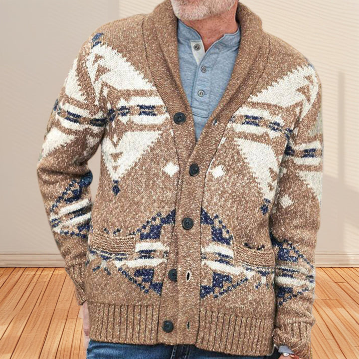 Herren Strickjacke mit einzigartigem geometrischen Muster und tiefem Kragen Echoarchiv