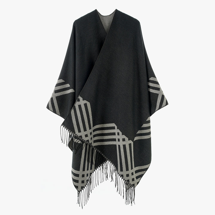 Damen Wollmix-Ruana im Rechteckschnitt mit grafischem Streifen-Jacquard und Fransen – Avérine