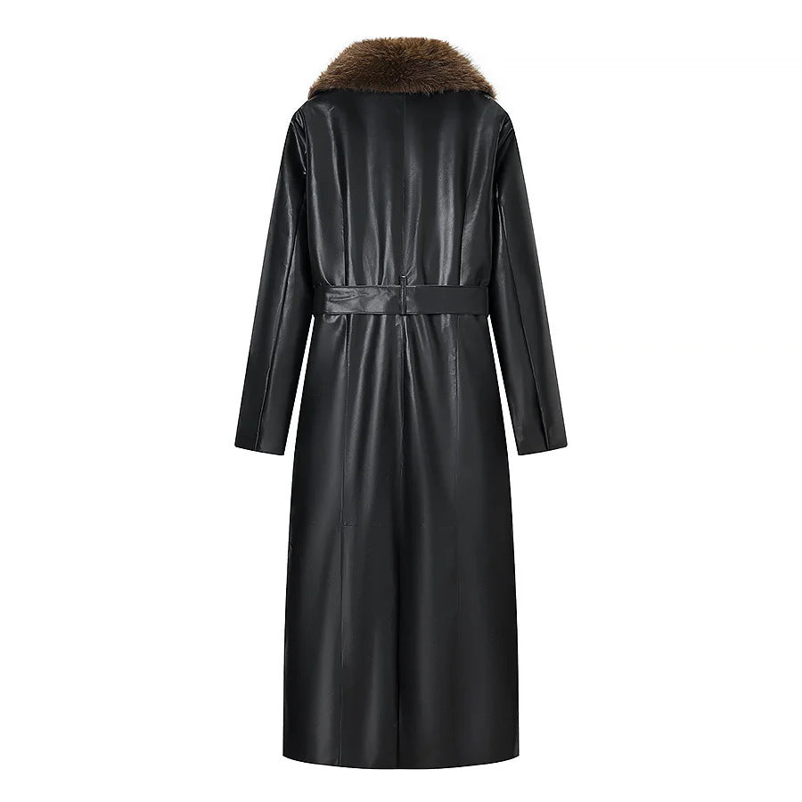 Damen langes Lederimitat-Mantelkleid mit voluminösem Kunstfell-Schalkragen und Bindegürtel – Montévia
