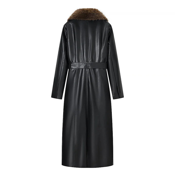 Damen langes Lederimitat-Mantelkleid mit voluminösem Kunstfell-Schalkragen und Bindegürtel – Montévia