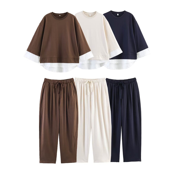 Damen Loungewear-Set aus weichem Jersey mit überlappendem Layer-Top und elastischer Highwaist-Hose Echo Archiv