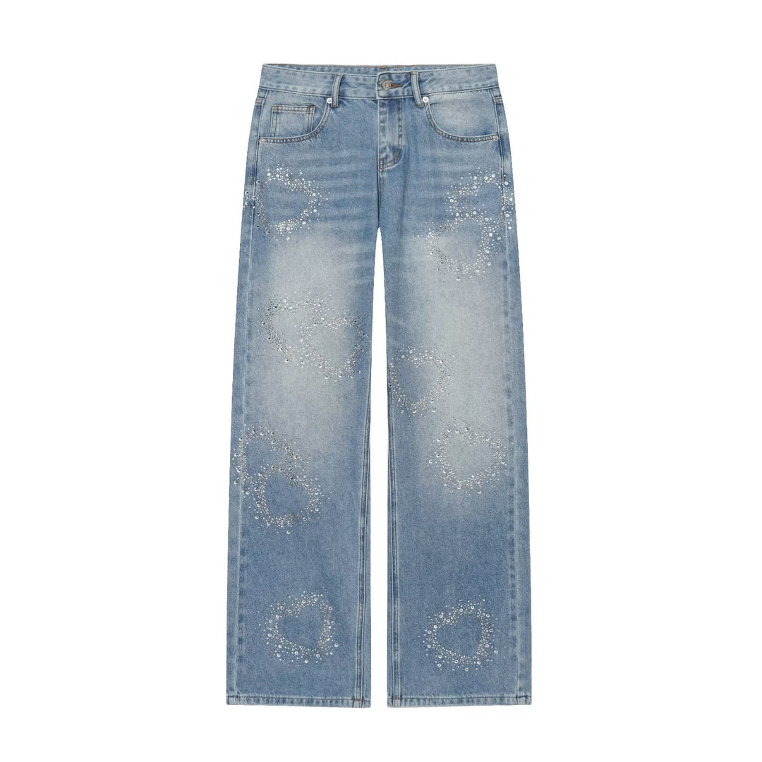 Damen Weite Highwaist-Jeans mit geradem Bein und Herz-Strassbesatz Echo Archiv