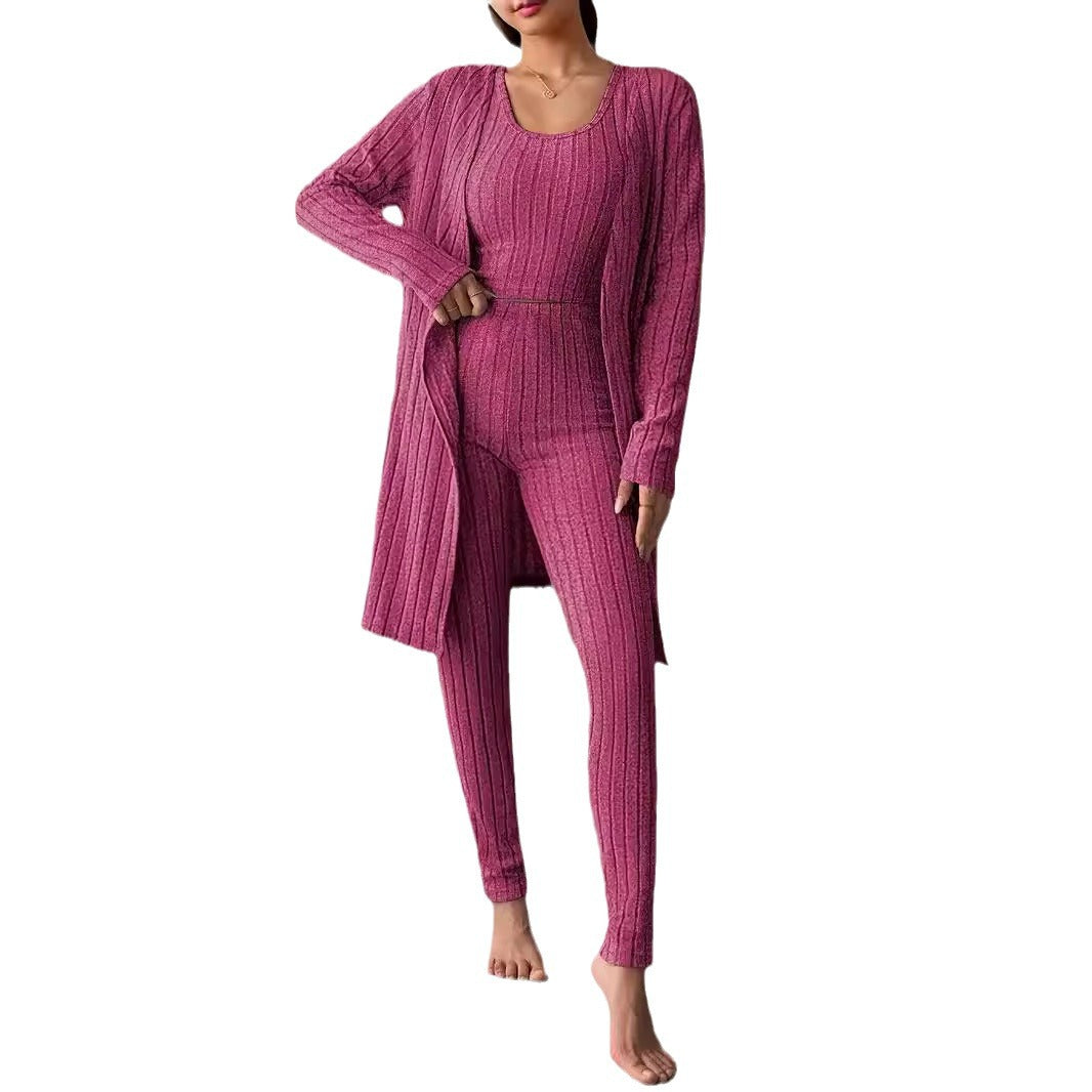 Damen Geripptes Lounge-Set mit Cropped-Top, High-Waist-Leggings und Longcardigan Echo Archiv